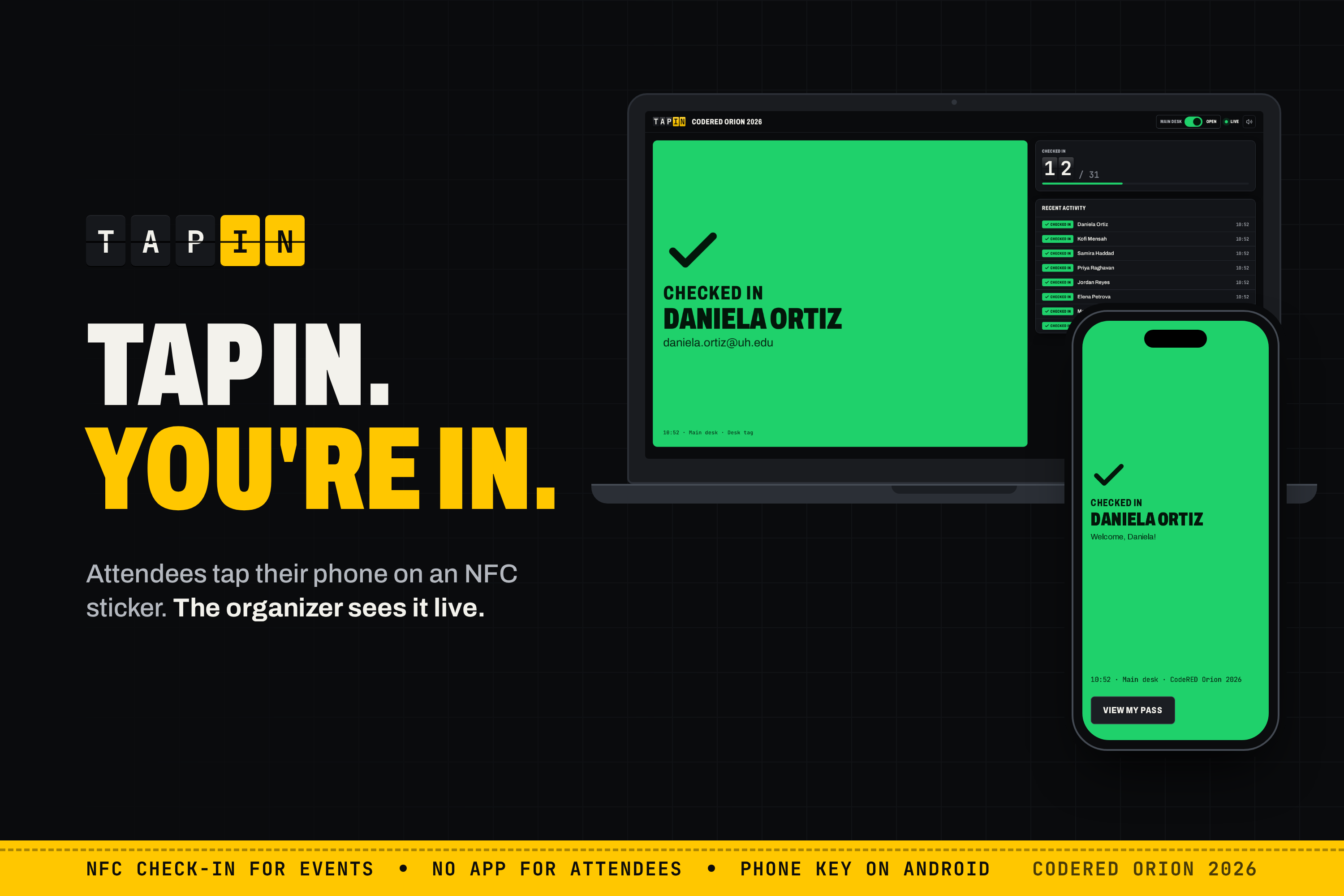 TapIn: an attendee taps a phone on an NFC desk sticker and the organizer's dashboard shows the check-in live.