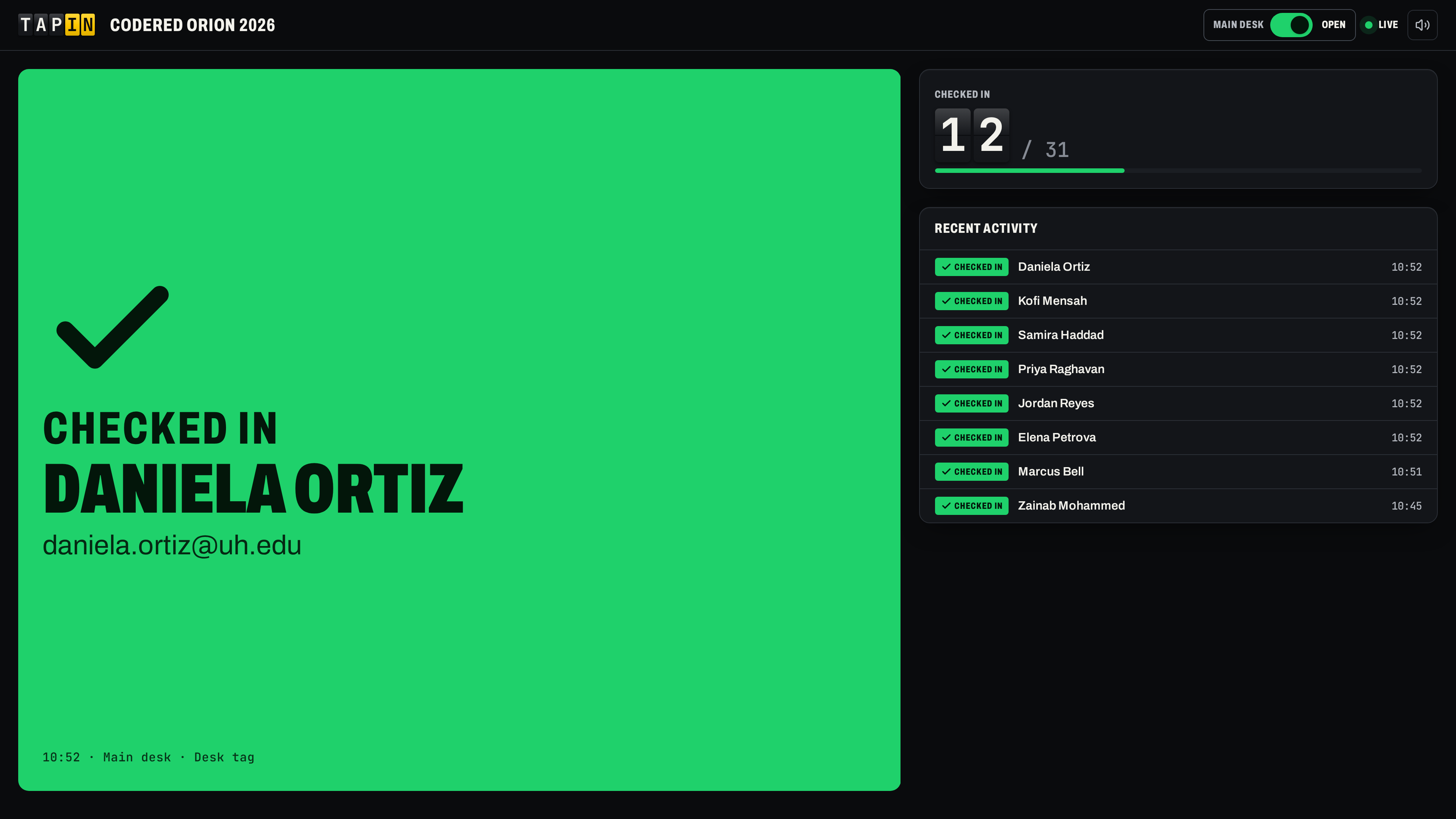 Organizer dashboard in board view with a large green card showing the latest arrival.