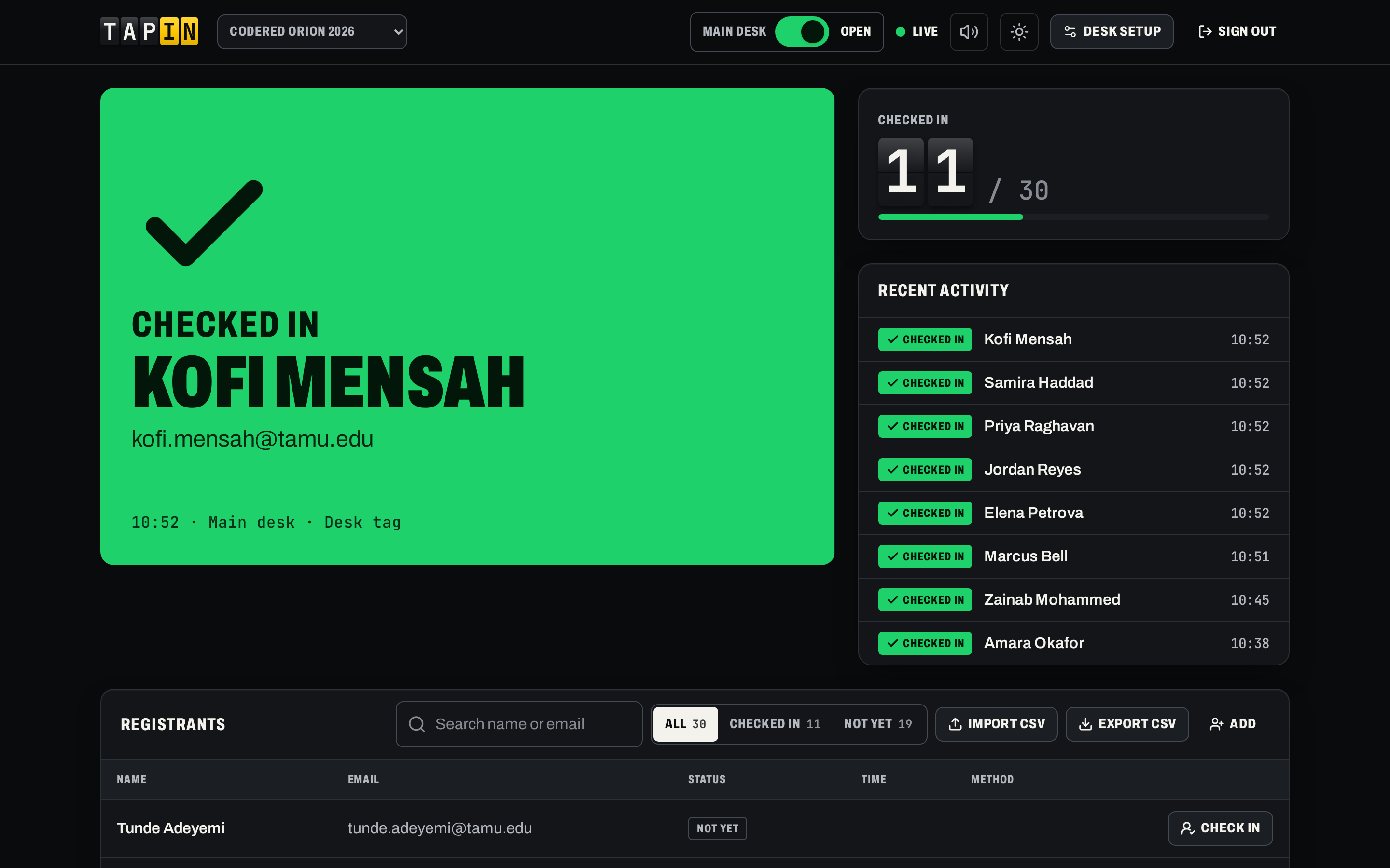 Organizer dashboard with checked-in counter and searchable registrant table.