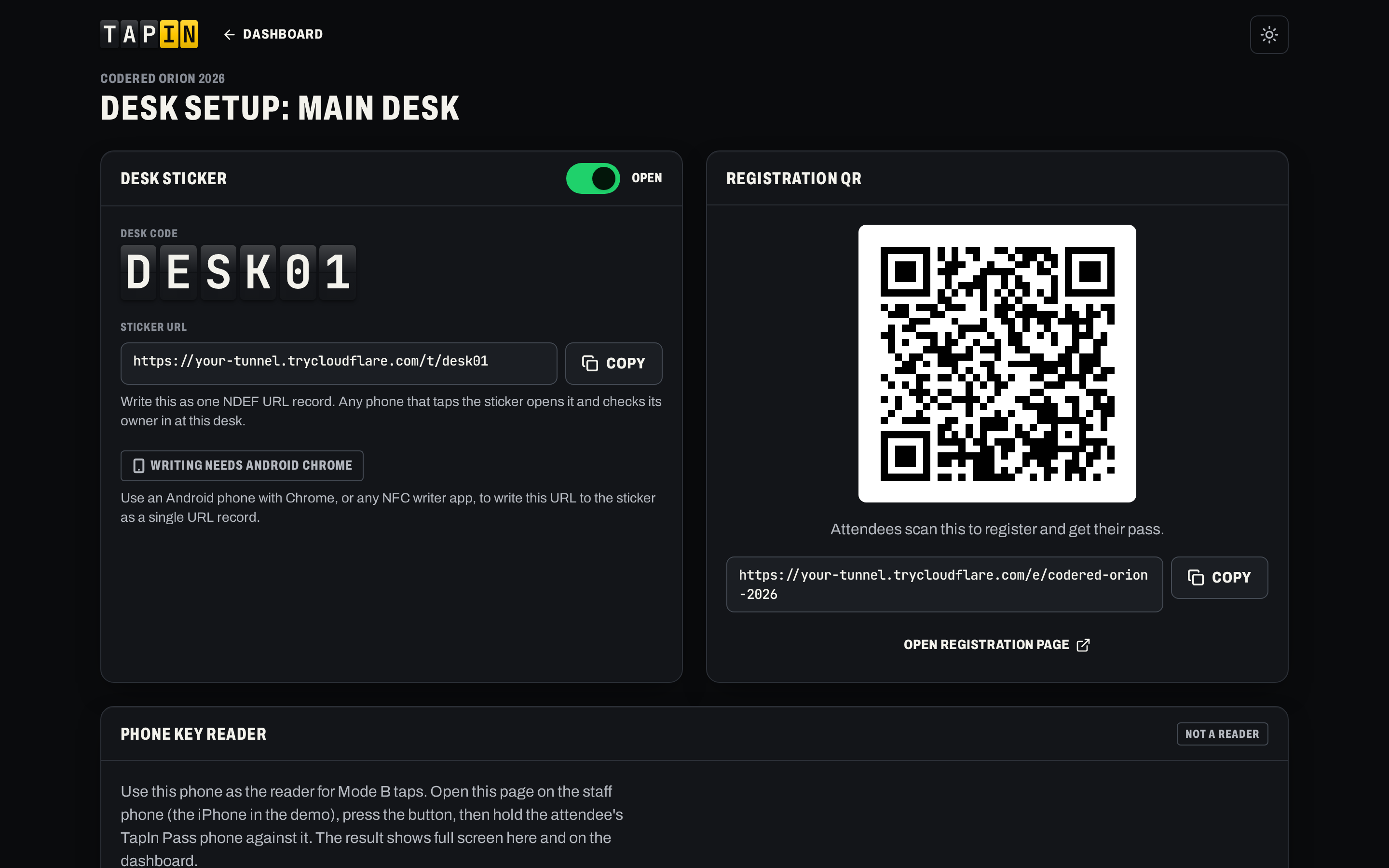 Desk setup screen with the Add a scanner QR code and desk configuration.