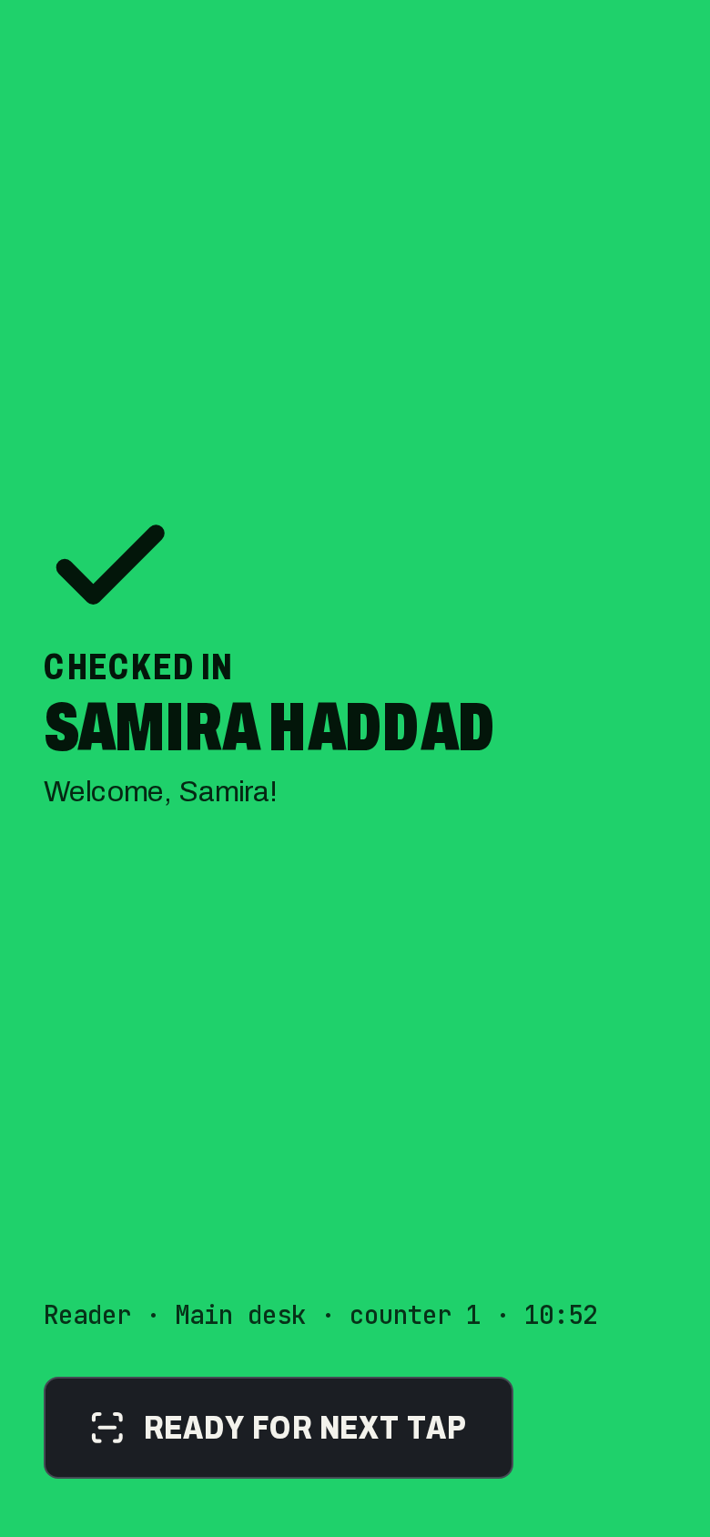 Staff reader phone showing a green checked-in result with the attendee's name.